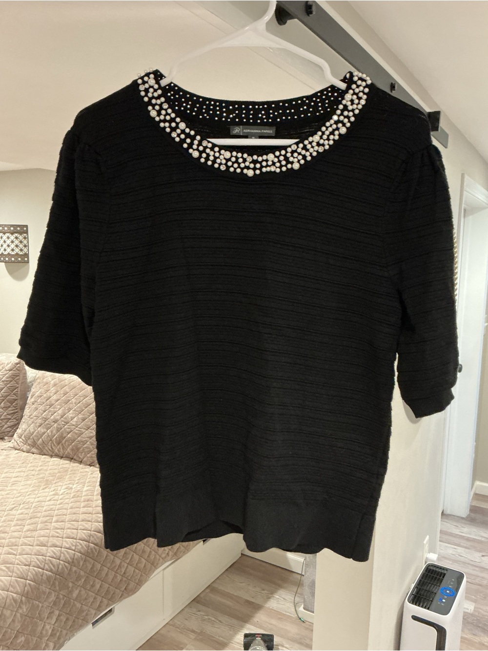 Adrianna Papell Black Pearl-Embellished Crewneck Top